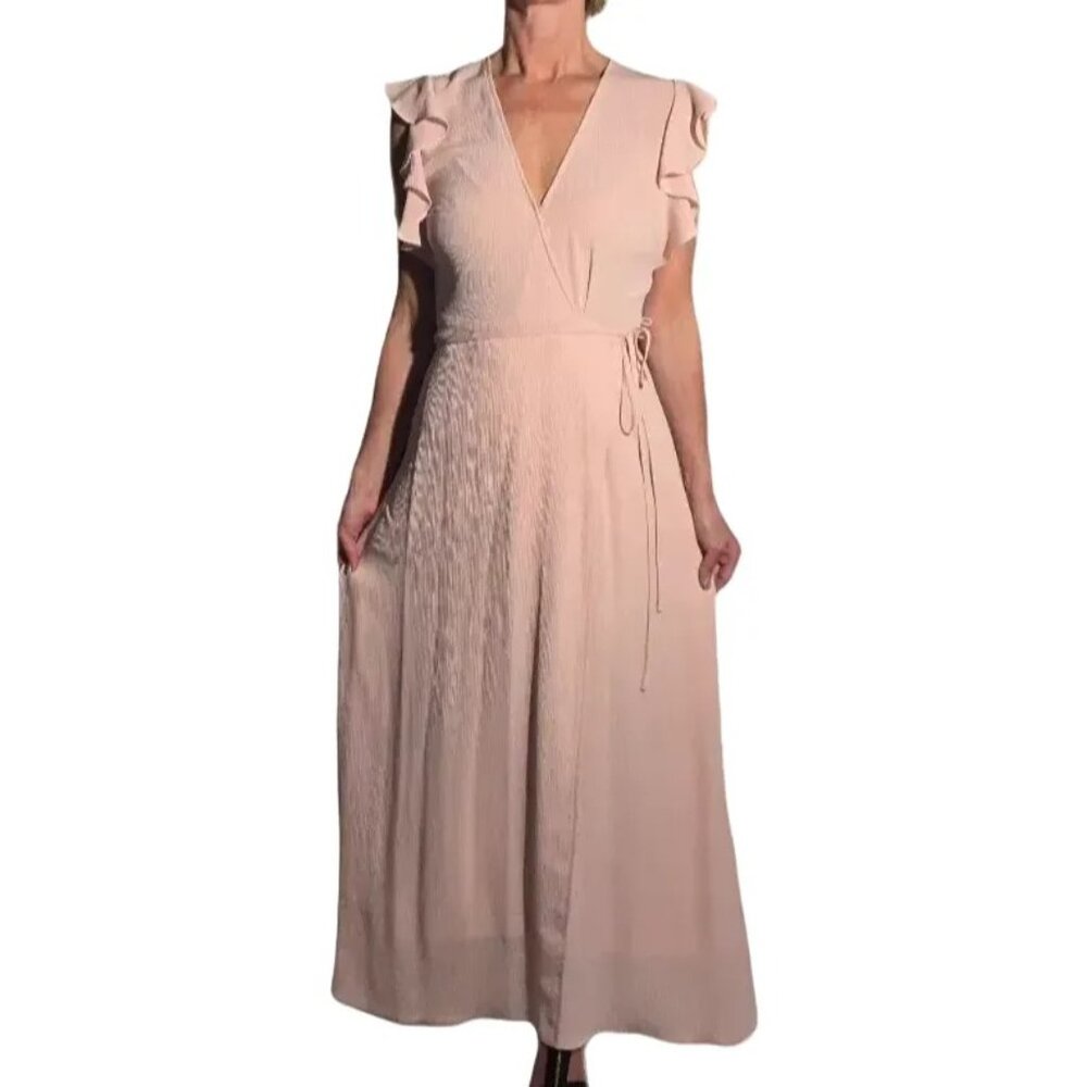 The Traveling Boutique Pink Sheer Maxi Dress | Medium | Ruffle Sleeve